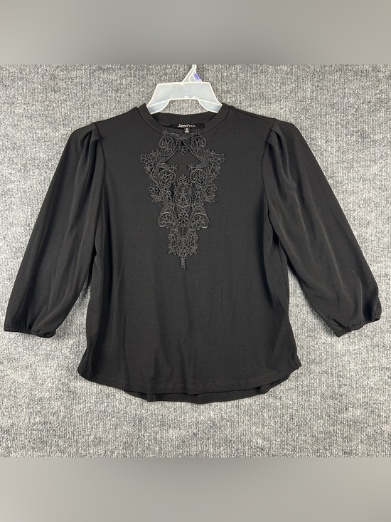 Sweet Rain Tops - Sweet Rain Black Corded Lace Cutout Applique Puff 3/4 Sleeve Blouse Size Medium